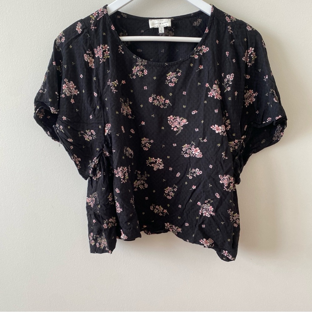 Lucky Brand Black Floral Crop Top Blouse Size Small